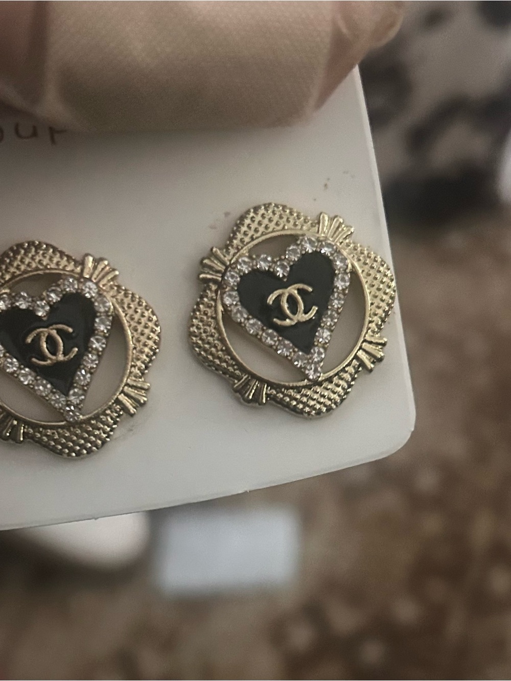 Gold Heart Stud Earrings with Black Enamel and Crystals, fashion jewelry, NEW - Picture 2 of 4